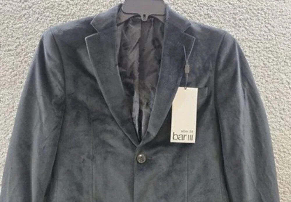 Bar III Slim Fit Velvet Sport Coat Mens 36S Black Notch lapel Two Button Closure